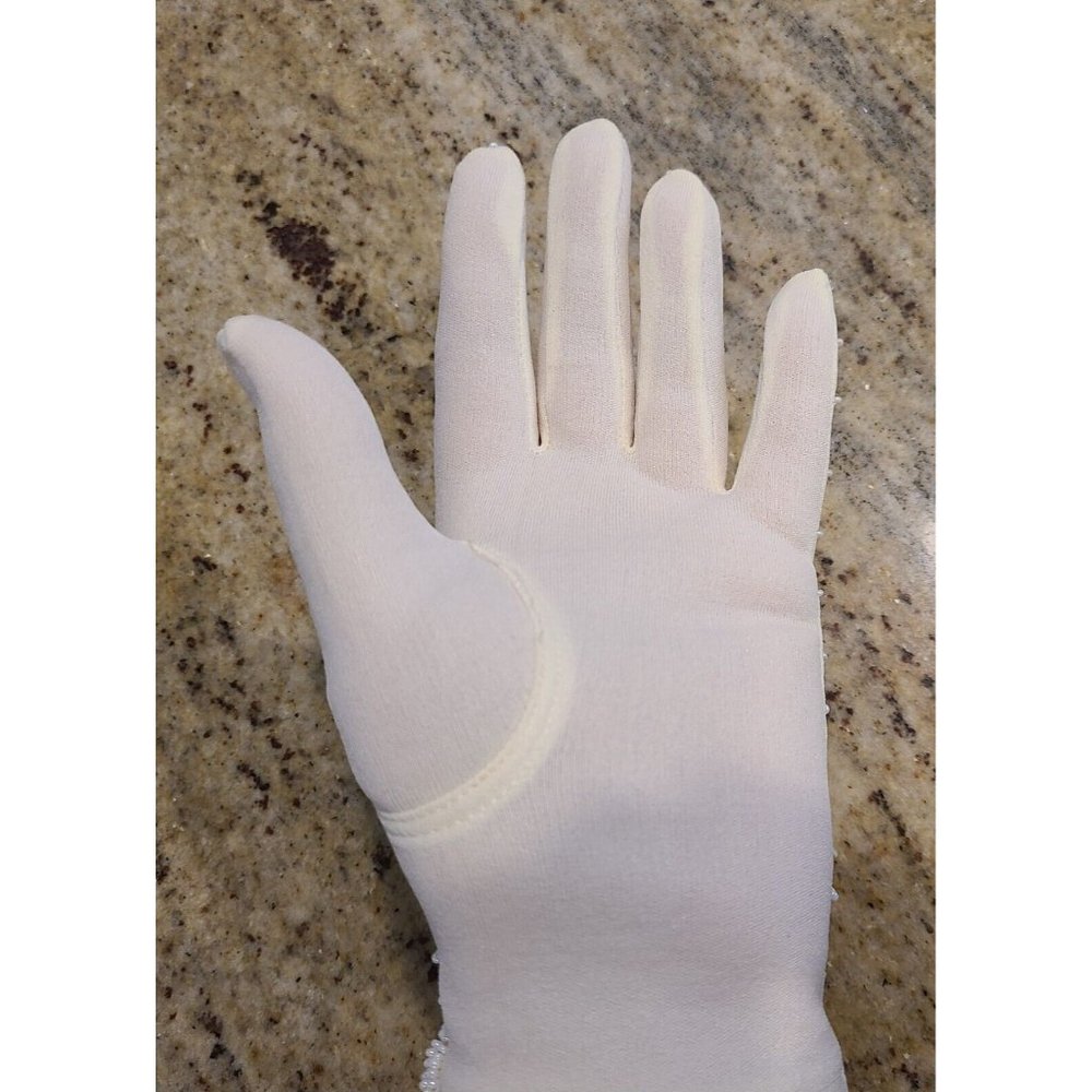 New? Vintage One Size Fits Cream Stretch Nylon Formal 8" Gloves Silver Tone Bead - Picture 14 of 16